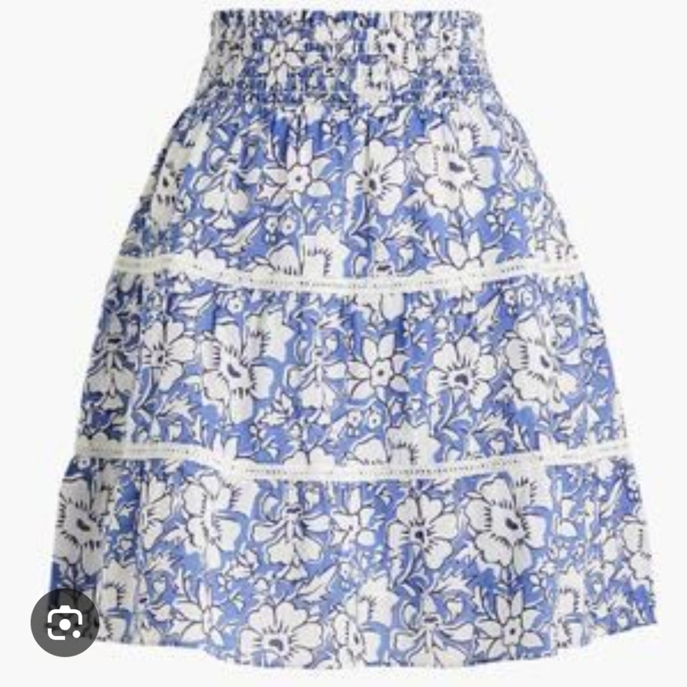 J. Crew A Line Tiered Mini Skirt Blue White Floral Lined Size Medium NWT